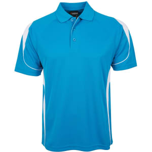 A polo shirt in bright blue with white accents and a collar. Features a logo on the chest.