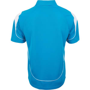 A blue polo shirt featuring white accents and a logo on the back view.