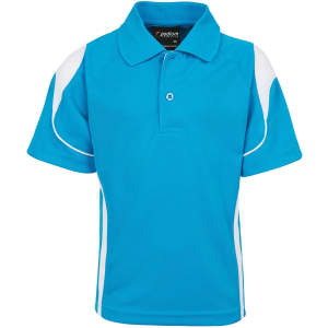 A blue polo shirt with white accents and a collar. It features a logo on the brand label.