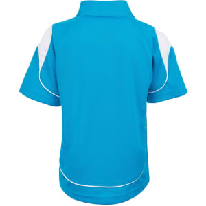 A polo shirt in bright blue with white accents and a logo on the back.