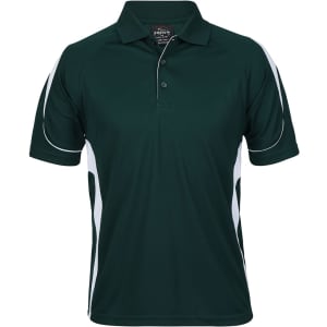 A dark green polo shirt with white accents and a logo on the chest. Short sleeves and a classic collar design.