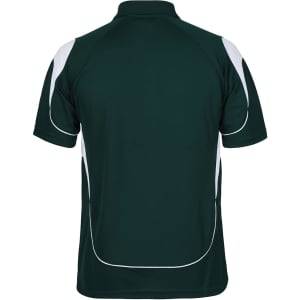 A dark green polo shirt featuring white detailing and a logo on the back.