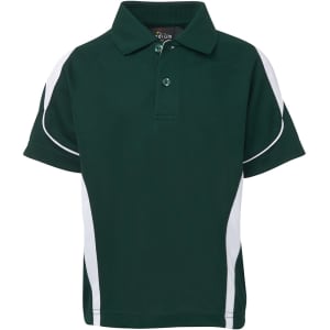 A green polo shirt with white detailing and a collar, featuring a logo.