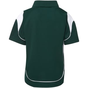 A green polo shirt with white accents and a logo on the side, featuring a classic collar and short sleeves.