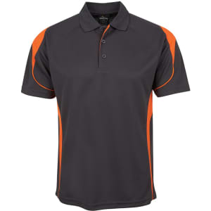 A polo shirt in dark grey with orange accents, featuring a collar and buttons, and a logo on the label.