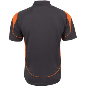A dark grey polo shirt with orange accents and a logo on the back.