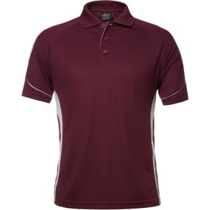 A burgundy polo shirt with white side panels and a logo on the chest. Features a classic collar and short sleeves.
