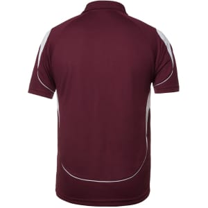 A maroon polo shirt featuring white accents and a logo on the back.