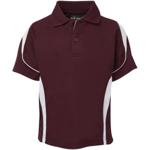 A maroon polo shirt with white side stripes and a collar, featuring a logo on the front.
