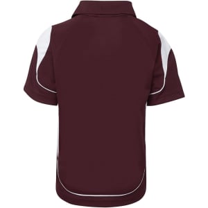 A maroon polo shirt with white accents and a logo. The shirt features a classic collar and short sleeves.