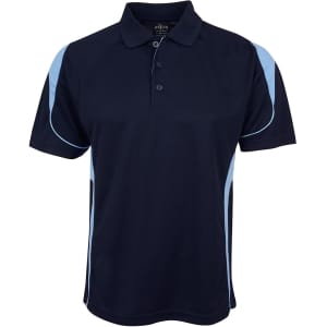 A navy blue polo shirt featuring light blue accents and a logo. It has a classic collar and short sleeves.