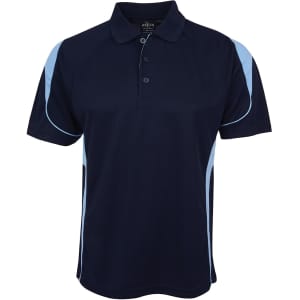 A navy blue polo shirt with light blue accents and a logo on the chest.