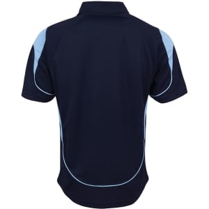 A navy polo shirt with light blue accents and a logo on the back.