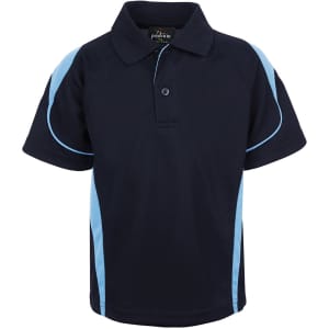A navy polo shirt featuring light blue accents and a collar, with a logo at the neck.