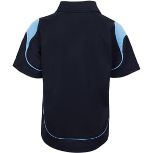 A navy polo shirt featuring light blue accents and a logo. The shirt has a classic collar and short sleeves.