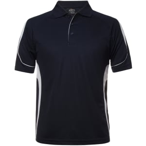 A navy polo shirt with grey accents and a collar. The shirt features a logo on the chest.