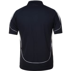 A black polo shirt featuring white accents and a logo on the back.