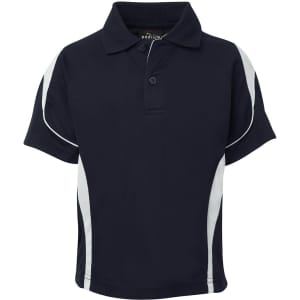 A navy polo shirt with white side stripes and a collar featuring a small logo.