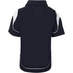 A navy polo shirt featuring white accents and a logo. The shirt has a classic collar and short sleeves.