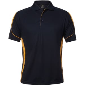 A navy polo shirt with yellow side panels and a collar. Features a logo on the front.