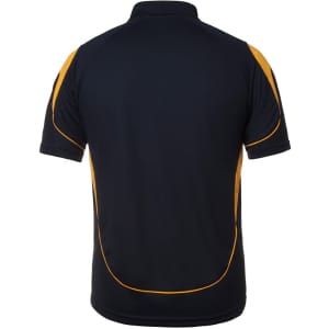 A black polo shirt with yellow accents and a logo on the back.