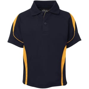 A navy polo shirt with yellow accents and a logo on the chest. Features a collar and short sleeves.