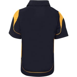 A navy polo shirt featuring yellow accents, with a logo on the side. The shirt has a classic collar and short sleeves.