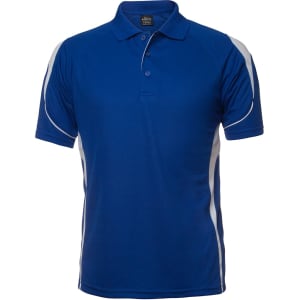 A blue polo shirt with white accents and a logo. It features a collared neck and short sleeves.