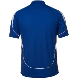 A blue polo shirt with white accents and a logo on the back.