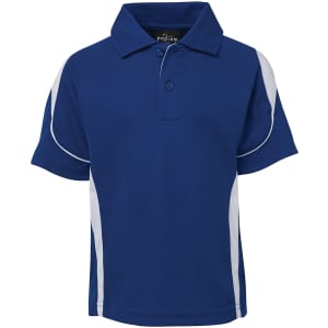 A blue polo shirt with white accents, featuring a collar and short sleeves, has a small logo.
