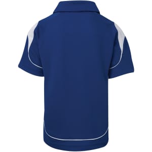 A blue polo shirt with white accents, featuring a collar and short sleeves. The back side is displayed.