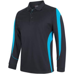 A long-sleeve polo shirt in black with blue accents and a logo on the chest.