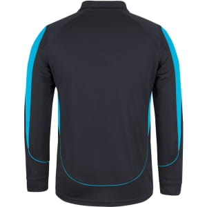 A black long-sleeve polo shirt featuring blue accents and a logo on the back.