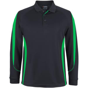 A black long-sleeve polo shirt featuring green side panels and a collar, with a logo on the chest.