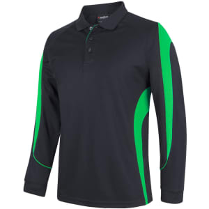 A black long-sleeve polo shirt featuring green accents and a branded logo on the side.