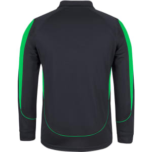 A long-sleeve polo shirt in black with green accents, featuring a back view and a logo on the collar.