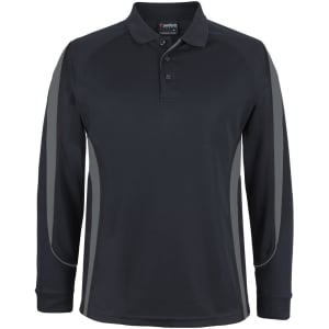 A long-sleeve black polo shirt featuring grey side panels and a collar. The shirt has a logo on it.