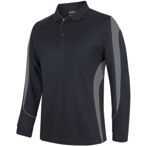 A black long-sleeve polo shirt with grey accents and a logo on the chest.