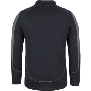 A black long-sleeve polo shirt featuring contrasting grey details and a logo on the back.
