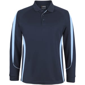 A dark navy long-sleeve polo shirt featuring light blue side stripes and a collar. It has a logo on the chest.