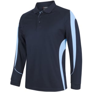 A long-sleeve polo shirt in navy with light blue accents and a logo on the chest.
