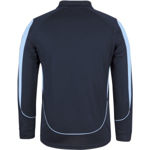 A long-sleeve polo shirt in navy with light blue accents and a logo on the back.
