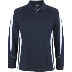A long-sleeve polo shirt in navy with white side panels and a logo on the collar.