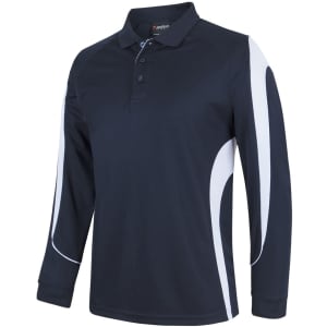 A long-sleeve polo shirt in navy with white accents and a logo on the front.