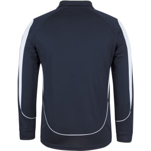 A long-sleeved navy polo shirt with contrasting white accents and a logo on the back.