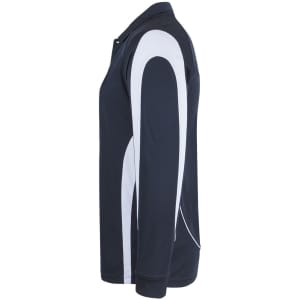 A long sleeve polo shirt in navy with white detailing and a logo on the chest area.