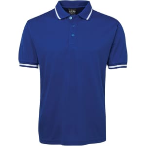 A blue polo shirt featuring white accents and a logo on the chest. Short sleeves and a buttoned collar.