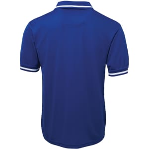 A blue polo shirt featuring a solid design with contrasting striped details on the sleeves and a logo.