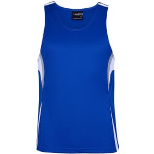 A royal blue singlet featuring white and grey panels, with a branding logo on the label.
