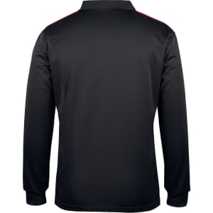 A black long-sleeve polo shirt featuring a subtle texture and red accents on the shoulder, with a logo present.